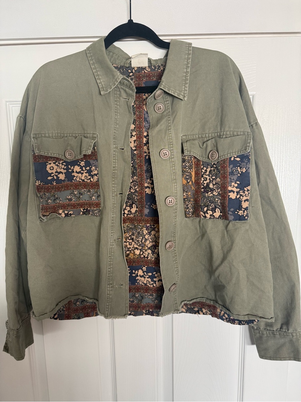 By Together Olive Utility Jacket with Floral Patch Panels